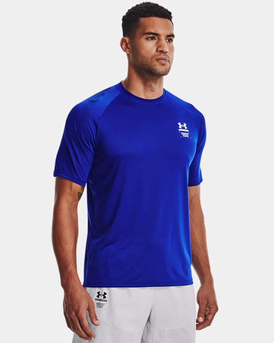 Men's UA ArmourPrint Short Sleeve in Blue image number 0